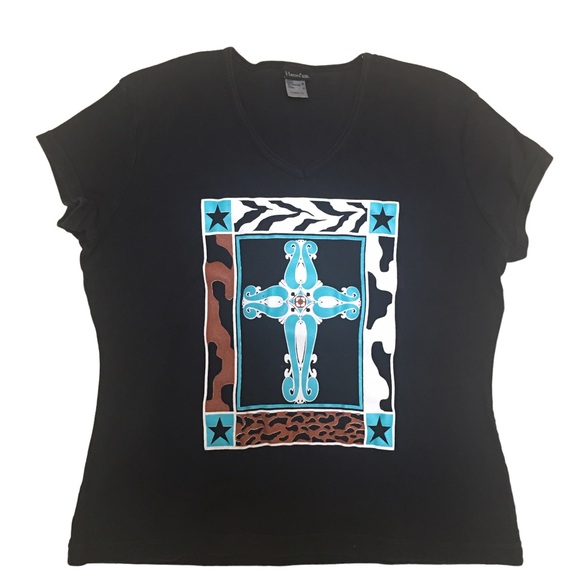 Aztec Cross Graphic Tee Size M Black Womens Hanes Silver for Her Classic top - Picture 3 of 7